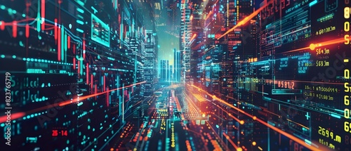 Futuristic Cityscape with Glowing Neon Lights and High Tech Skyscrapers