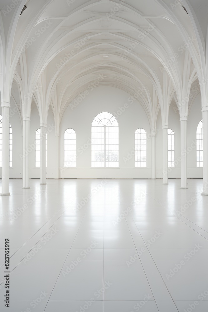  Empty exhibition stand in a large exhibition building with white interior