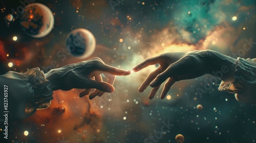 Two hands reaching towards each other, with planets and stars in the background; cosmic setting; soft lighting;