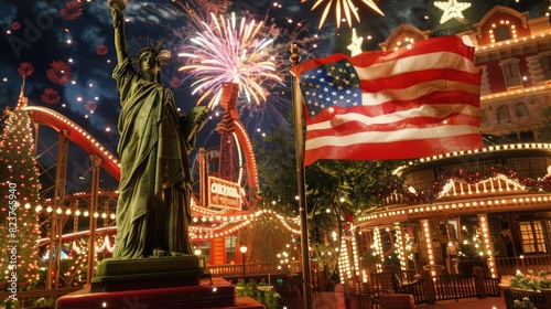 Illustration of the Statue of Liberty with an American flag and fireworks in the background. a symbol of America