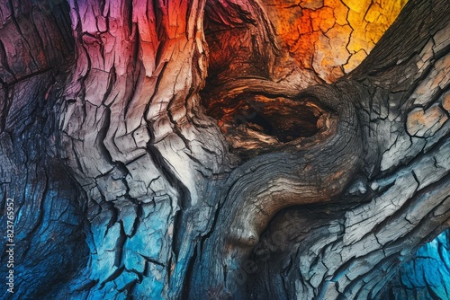 Close-up of a tree trunk with vivid, multi-colored hues, showcasing unique texture photo