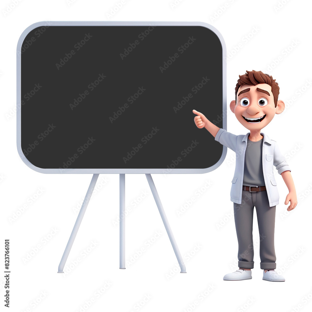 Happy man in front of a blank blackboard cut out. Template mock up. 3D character cartoon style Happy man in front of a blank blackboard cut out. Template mock up. 3D character cartoon style