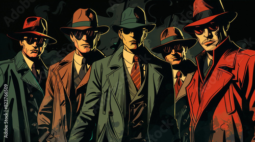 Cool looking gangster mafia group in retro comic style illustration.