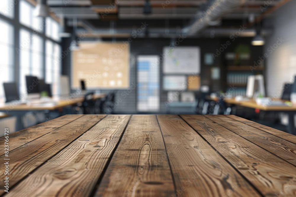 A wooden tabletop in the foreground with a blurred background of a high-tech office. The background features modern workstations with multiple monitors, ergonomic chairs, and whiteboards.