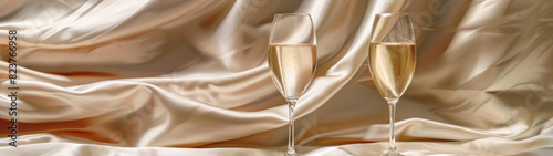 Elegant crystal champagne flutes on silk background in studio setting