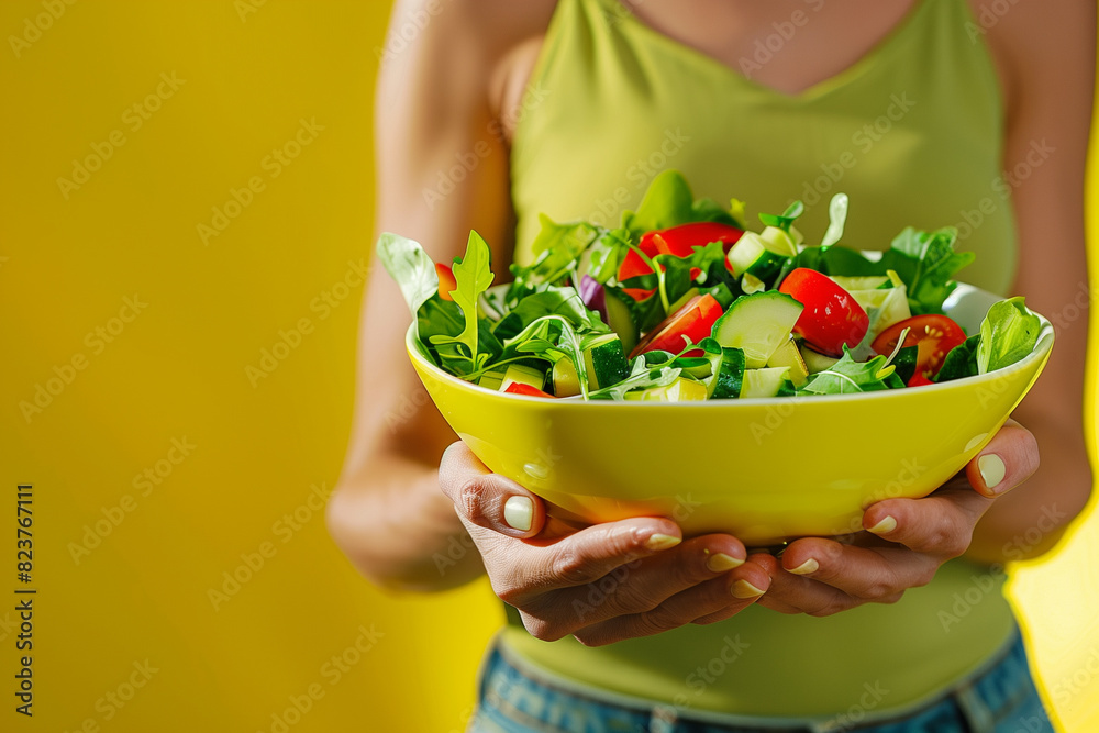 Studio shot of a woman enjoying a vibrant salad bowl, highlighting the pleasure and satisfaction of consuming nutritious meals as part of a healthy lifestyle. Studio shot of a woman enjoying a vibrant salad bowl, highlighting the pleasure and satisfaction of consuming nutritious meals as part of a healthy lifestyle.