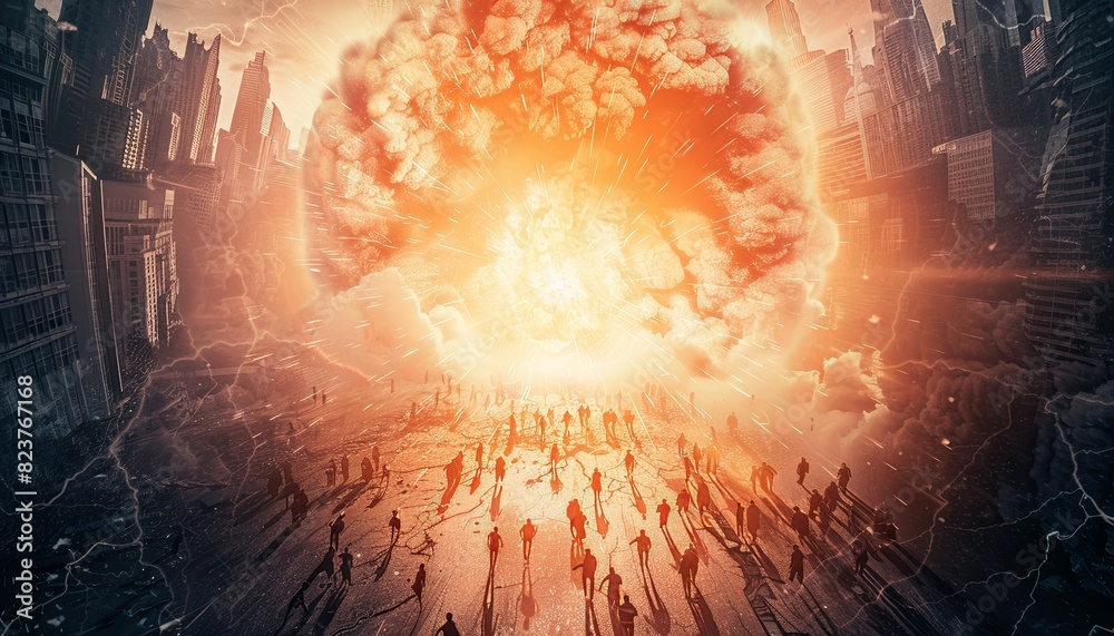 Fototapeta premium An atomic bomb explodes in the City, the silhouette of a metropolis in ruins, a world conflict between nuclear powers. 