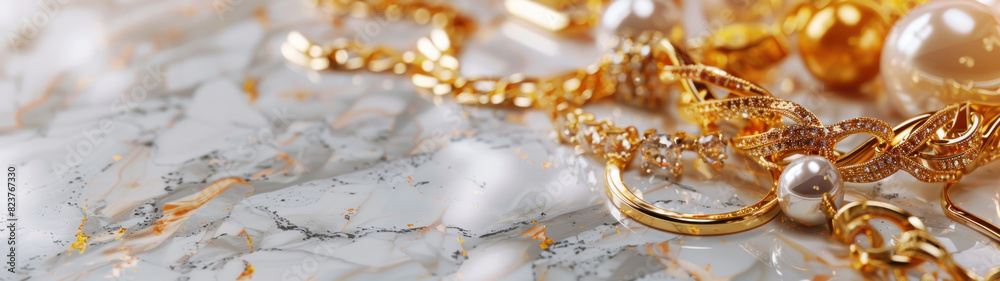 Opulent gold jewelry on marble surface Opulent gold jewelry on marble surface