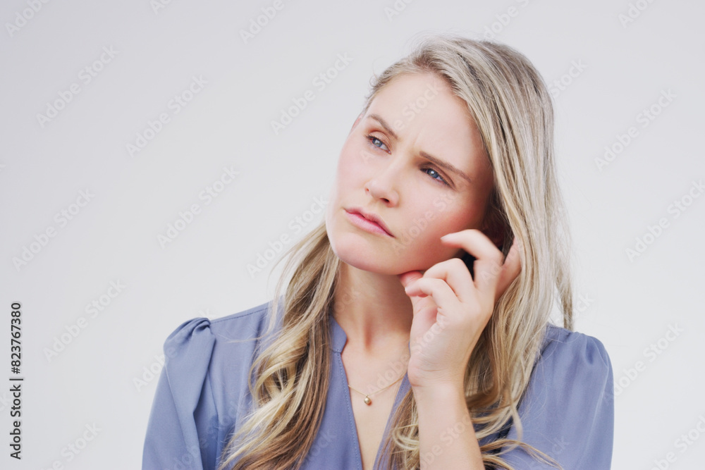 Idea, confused and woman with doubt in studio for brainstorming, problem solving or solution isolated on white background. Thinking, face and planning future, decision or reflection for inspiration Idea, confused and woman with doubt in studio for brainstorming, problem solving or solution isolated on white background. Thinking, face and planning future, decision or reflection for inspiration