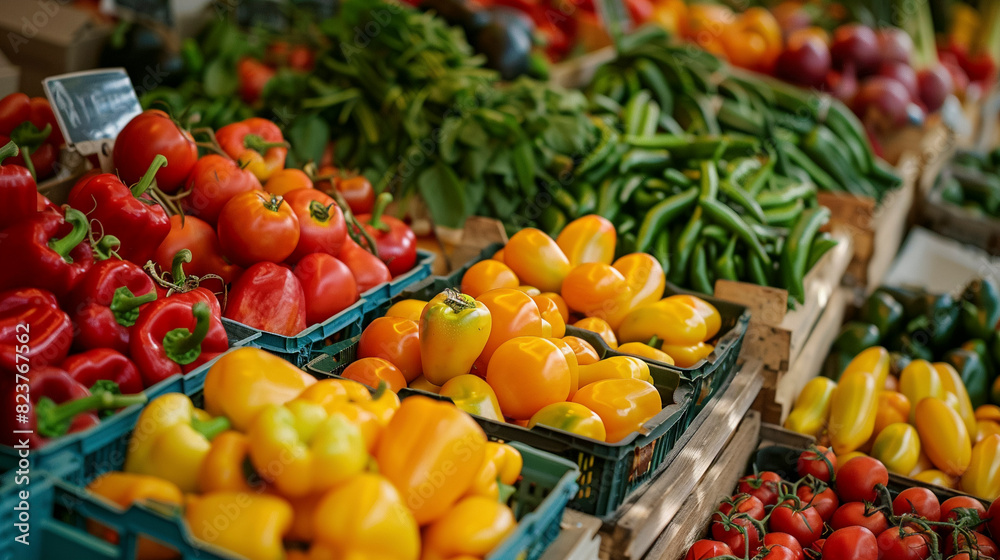 Organic Vegetables: Red, Green, Yellow Peppers and Tomatoes in Wooden Crates