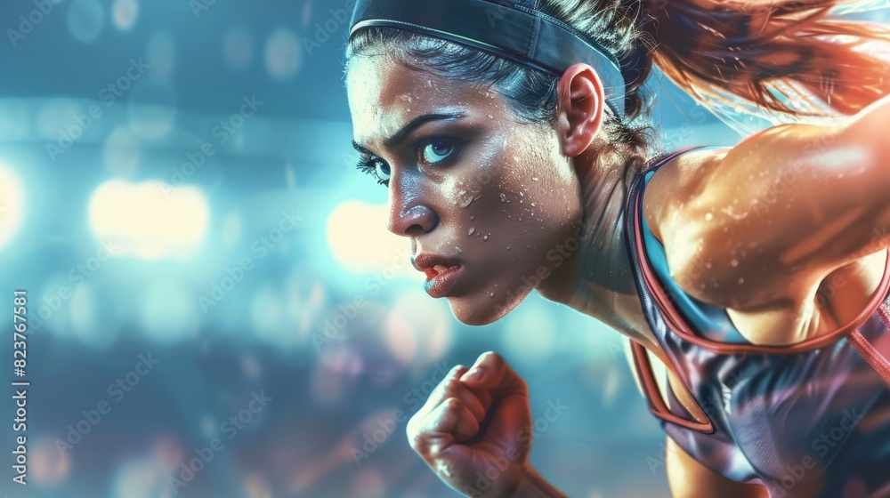 Determined Female Athlete in Action: Strength and Focus in Blurred Stadium Background - Sports Photography for Motivation Posters Determined Female Athlete in Action: Strength and Focus in Blurred Stadium Background - Sports Photography for Motivation Posters