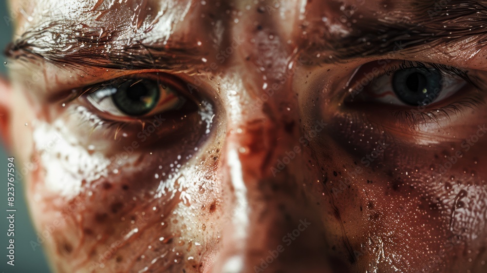 A close-up photo of a boxer's face, with their eyes swollen and their nose bleeding. A close-up photo of a boxer's face, with their eyes swollen and their nose bleeding.