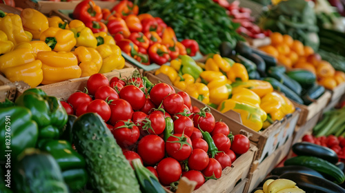 Colorful Display of Fresh Peppers and Tomatoes at Farmers Market