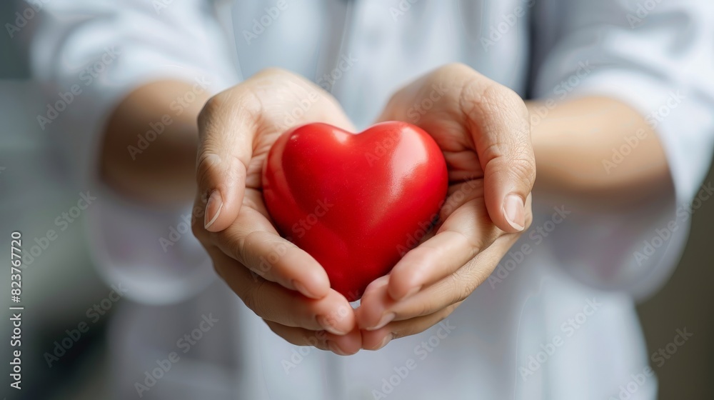A red heart in the hands of a close-up A red heart in the hands of a close-up