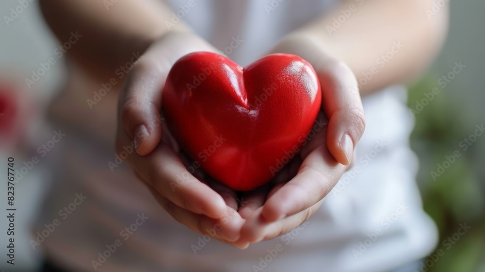 A red heart in the hands of a close-up A red heart in the hands of a close-up