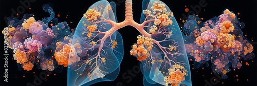 Detailed pulmonology diagram of lung cancer highlighting tumor locations stages within the lungs photo