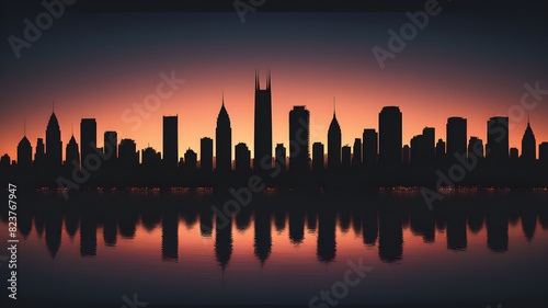 Sunset silhouette city and sea reflection  Generative AI
