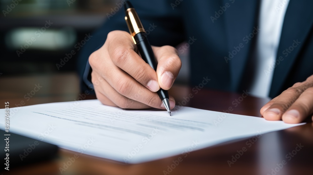 A close-up photo of a businessman's hand signing an important document, conveying a sense of authority and commitment., A close-up photo of a businessman's hand signing an important document, conveying a sense of authority and commitment.,