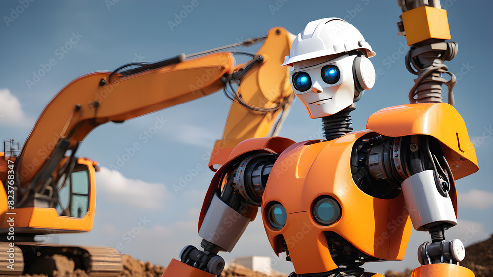 Civil engineer robot at construction site, Generative AI Civil engineer robot at construction site, Generative AI