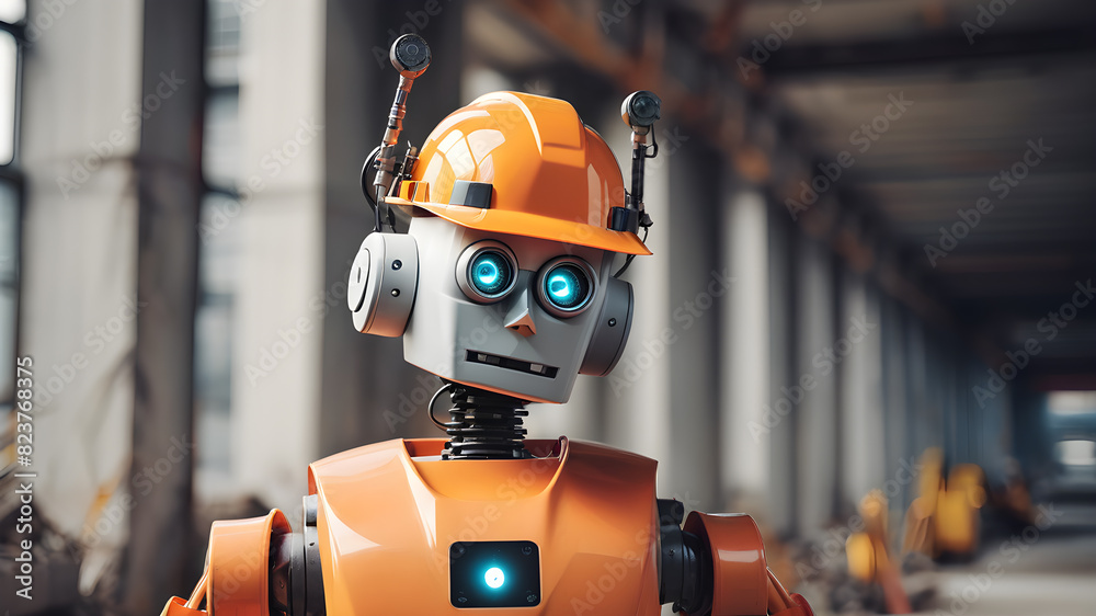 Civil engineer robot at construction site, Generative AI