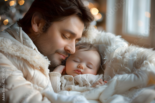 Black man father sleeping with daughter or son child. Caring father hugs his baby tenderly. Father's Day or Children's Day concept