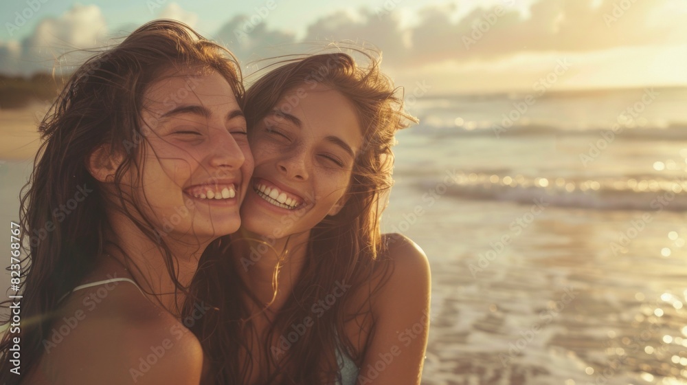 Two women are smiling and hugging on a beach Two women are smiling and hugging on a beach