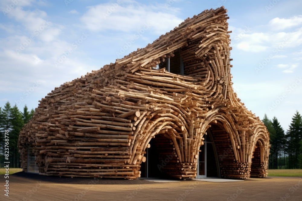 Stunning log structure showcasing intricate design and craftsmanship against a backdrop of trees Stunning log structure showcasing intricate design and craftsmanship against a backdrop of trees