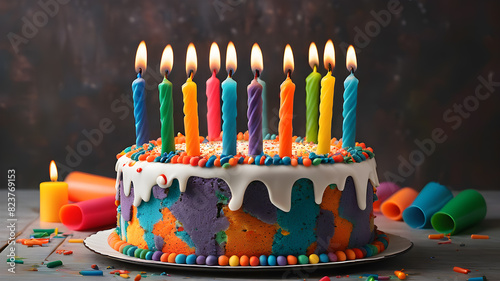 Colorful celebration birthday cake with colorful birthday candles, Generative AI