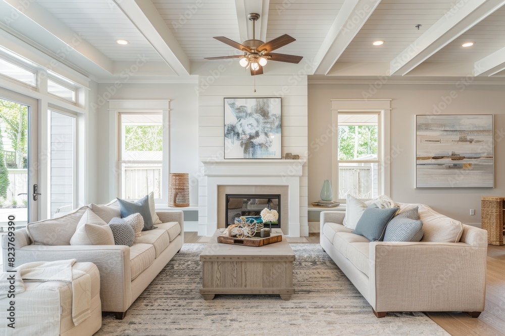 A large living room with white furniture and a white ceiling