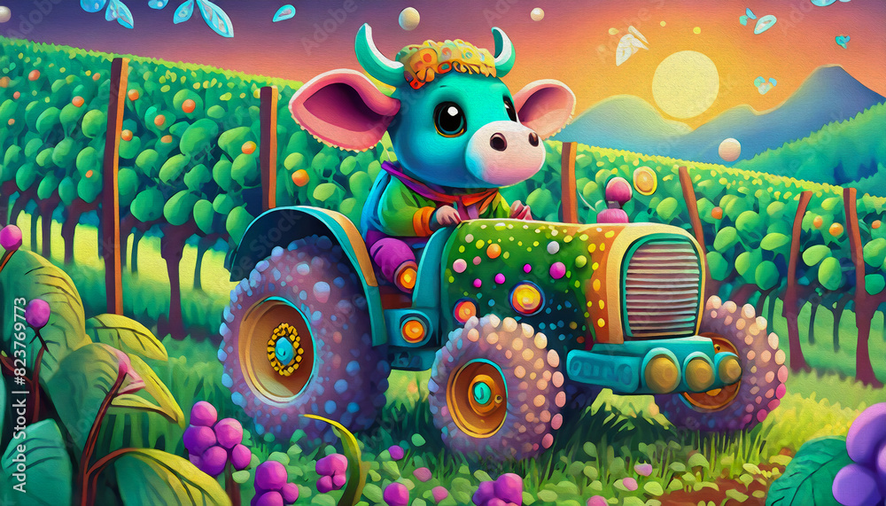 Fototapeta premium oil painting style cartoon character Multicolored the baby cow drives the tractor