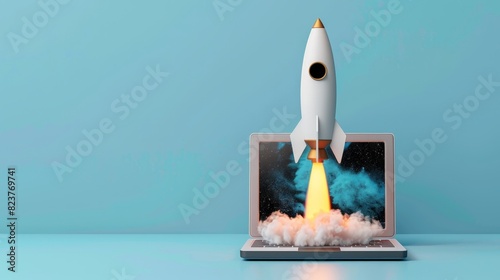 A rocket flying out of a laptop screen on a blue background.
3D illustration on a homogeneous background. photo