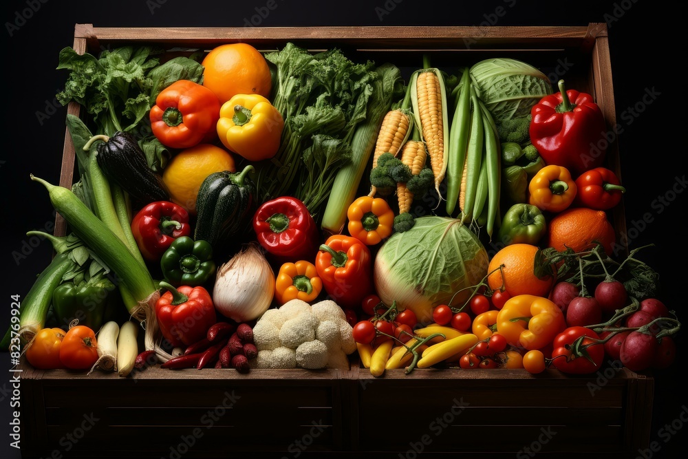 Variety of colorful fresh vegetables carefully arranged in a rustic wooden crate on a dark background