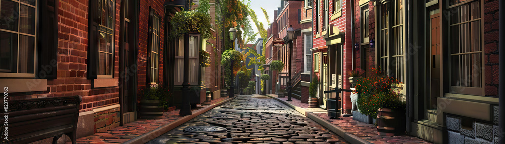Fototapeta premium Historic Streets: Close-up of cobblestone streets, gas lamps, and historic buildings, highlighting the city's historic charm and heritage