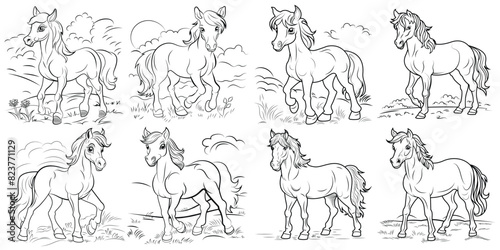 Horse coloring book vector, mega set of cute kawaii horse coloring pages, drawing coloring page