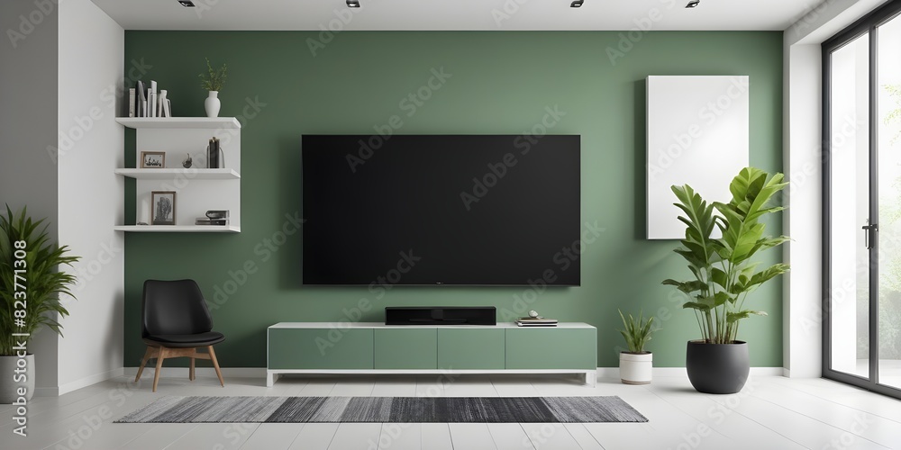 Fototapeta premium Pastel TV room with green armchair and decoration. 3D rendering