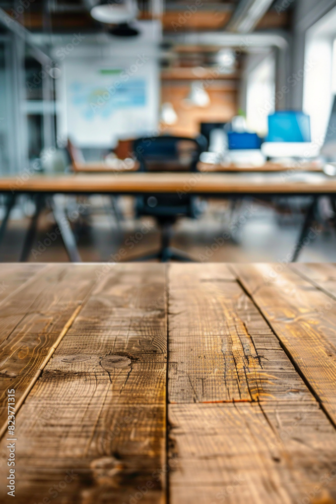 A wooden tabletop in the foreground with a blurred background of a high-tech office. The background features modern workstations with multiple monitors, ergonomic chairs, and whiteboards. A wooden tabletop in the foreground with a blurred background of a high-tech office. The background features modern workstations with multiple monitors, ergonomic chairs, and whiteboards.
