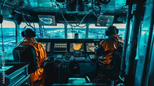 A team of hydrographers on a research vessel, using advanced equipment to map the ocean floor.