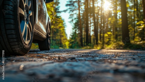 Wallpaper Mural Close up of a car tire on an asphalt road in a forest on a sunny day during the summer A closeup view from the side with focus on the wheel and natural background Generative AI Torontodigital.ca