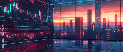 Futuristic City Skyline at Dramatic Sunrise or Sunset with Financial Data Visualization