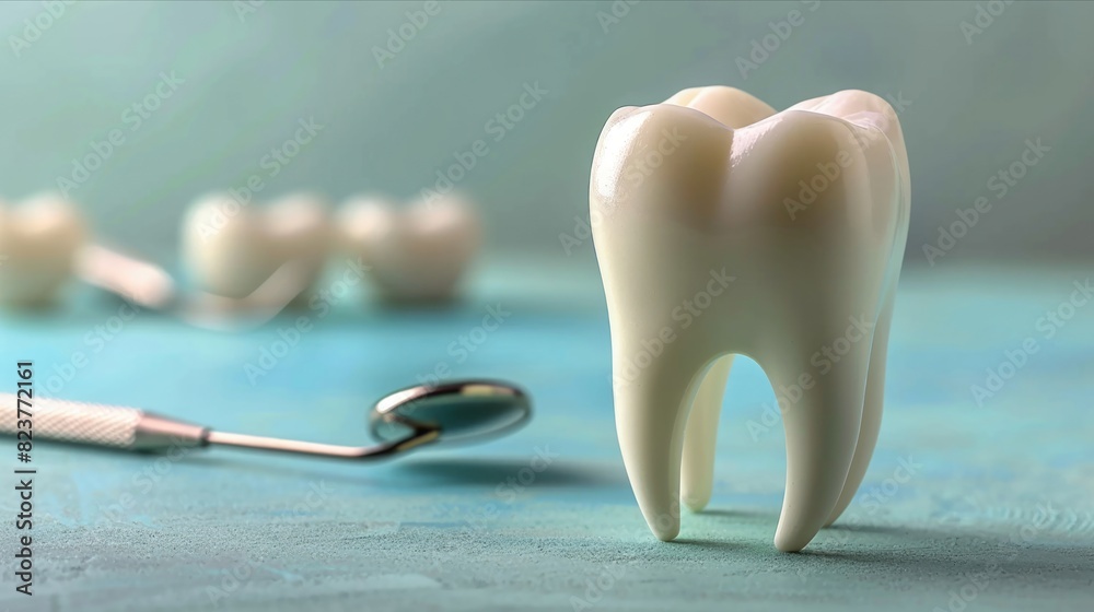 Pristine white tooth model with dental tools on a soothing blue background Pristine white tooth model with dental tools on a soothing blue background