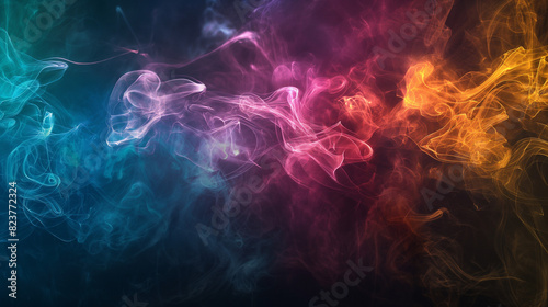 background, texture, Rainbow smoke, ethereal wisps, dark backdrop. Artificial smoke in red-blue light on black background in darkness