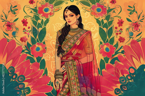 Elegant Modern Woman in Saree: Vibrant Graphic Illustration Amidst a Floral Surrounding