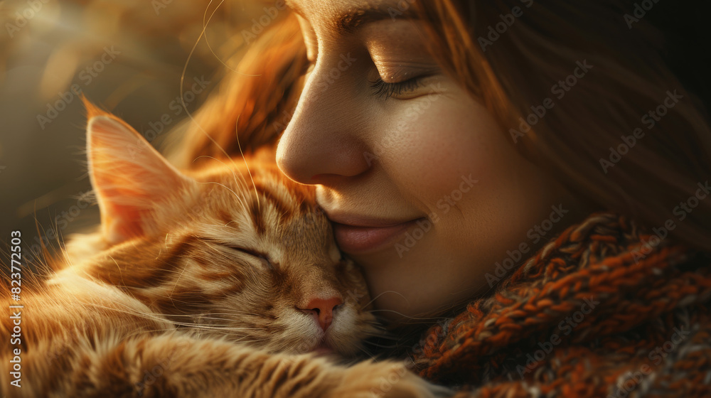 A woman is hugging a cat with her face A woman is hugging a cat with her face