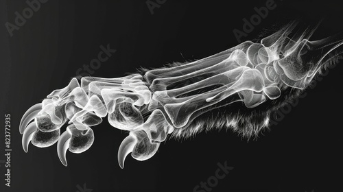 Detailed X-ray image showing the bones and claws of an animal paw, highlighting skeletal structure and intricate details. 