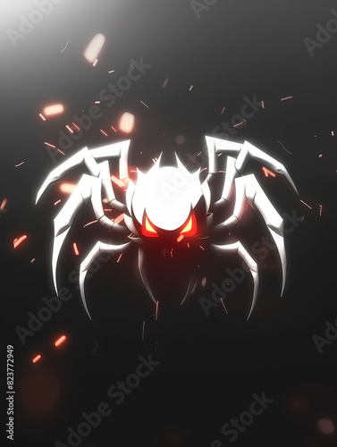 Abstract Spider-Scorpion Hybrid Logo with Sharp Edges and Red, White, Black Color Scheme Featuring Glowing Eyes on Dark Background for Bold Graphic Design photo