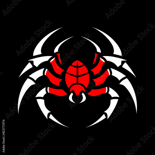 Abstract Spider-Scorpion Hybrid Logo with Sharp Edges and Red, White, Black Color Scheme Featuring Glowing Eyes on Dark Background for Bold Graphic Design photo