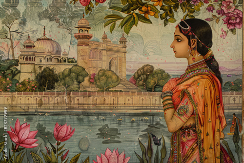 Side Profile Illustration of an Indian Woman Standing by a Lake, Gazing at a Palace Across the Water, with Water Lilies Near the Shore photo