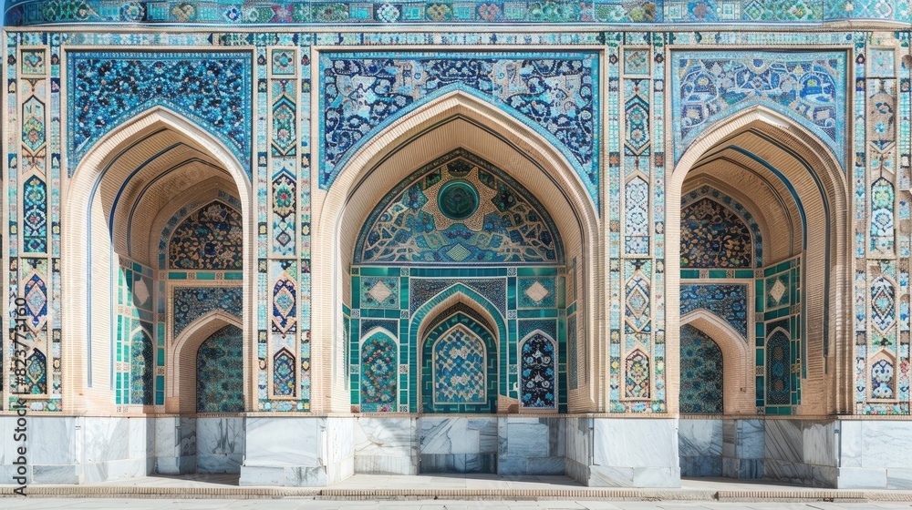 The intricate geometric patterns of the Samarkand Grand mosaic, showcasing blue and green tiles in an archway, set against white walls with decorative tilework.