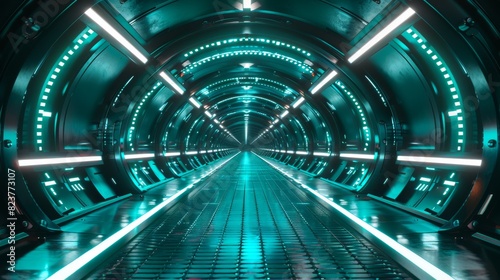 A long, narrow tunnel with neon lights shining down on it