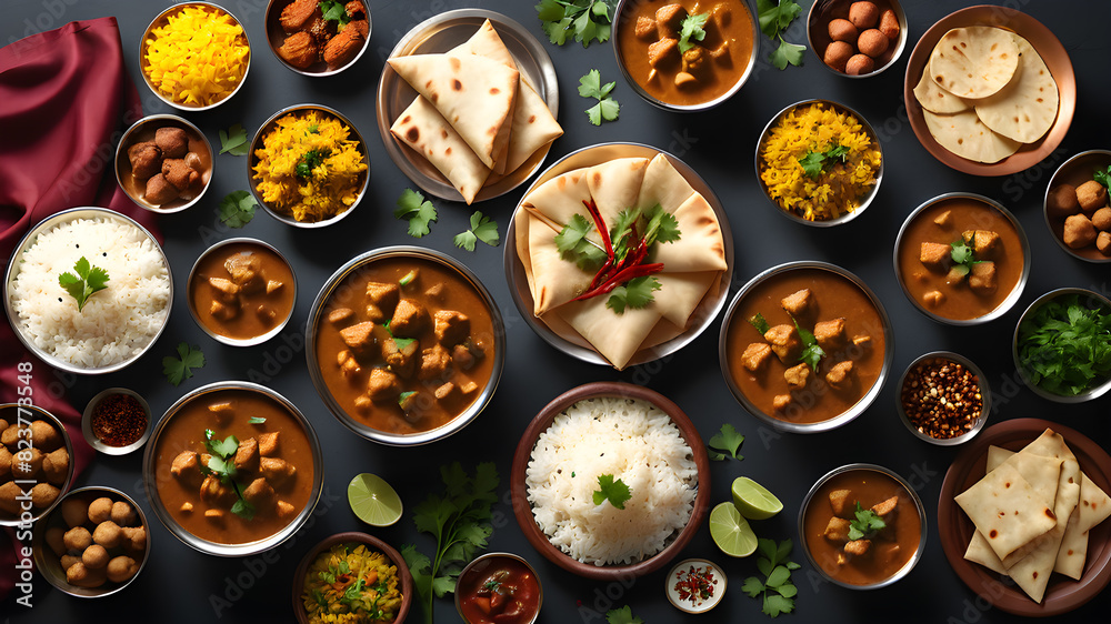 Desi, Indian traditional food set, top view, Generative AI Desi, Indian traditional food set, top view, Generative AI